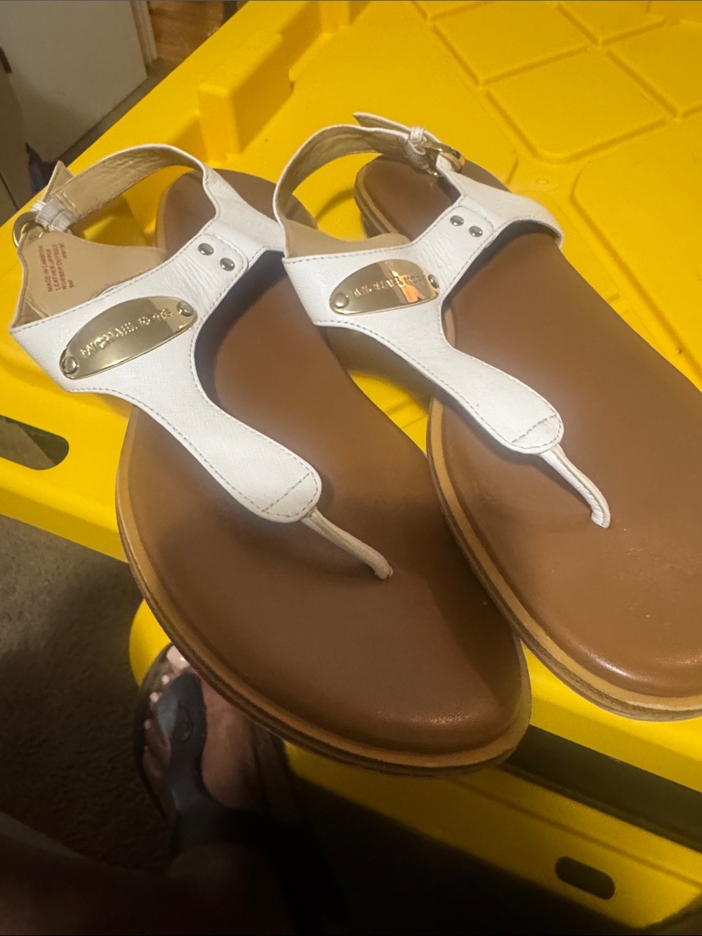 Michael Kors White Leather T-Strap Sandals with Gold Logo